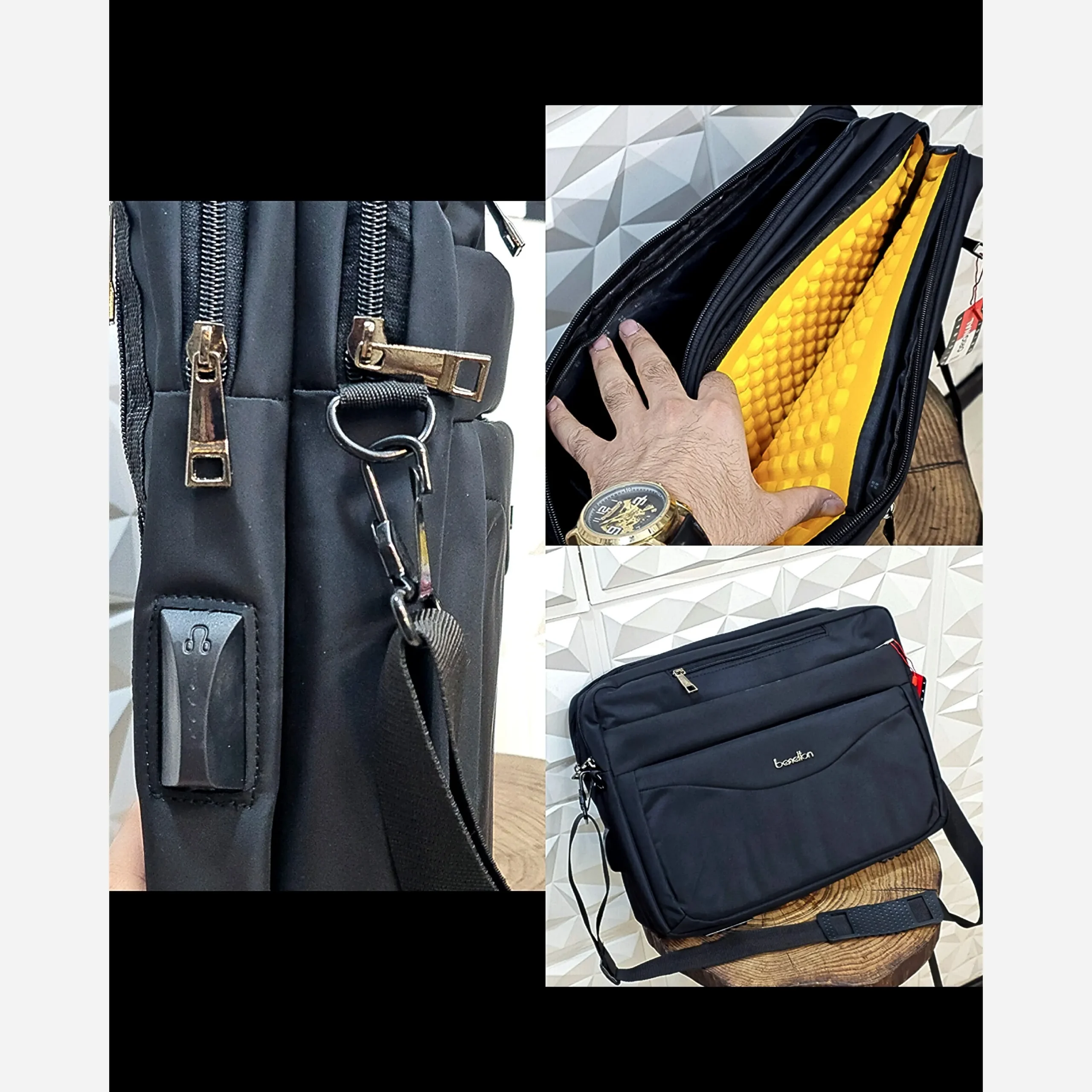 کیف اداری لپتاپی 3 کاره بنلتون جنس دیبا ضخیم مشکی - Image 6