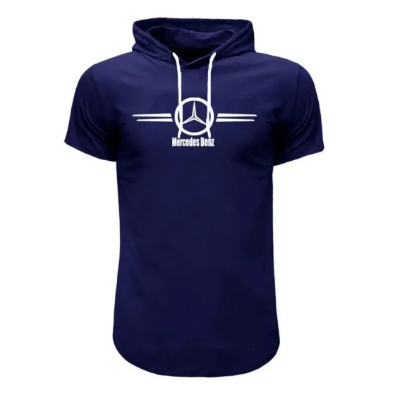 تیشرت کلاه دار مردانه سورمه ای طرح بنز آستین کوتاه نخی سایز L XL 2XL