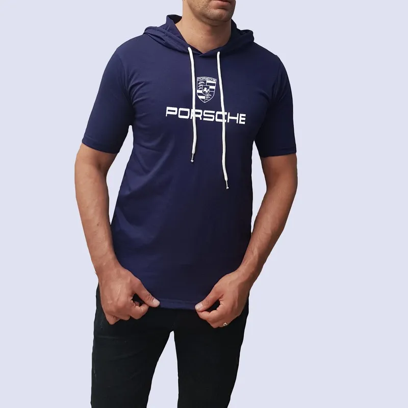 تیشرت کلاه دار مردانه آستین کوتاه طرح پورشه سورمه ای نخی اعلا سایز L XL 2XL - Image 2