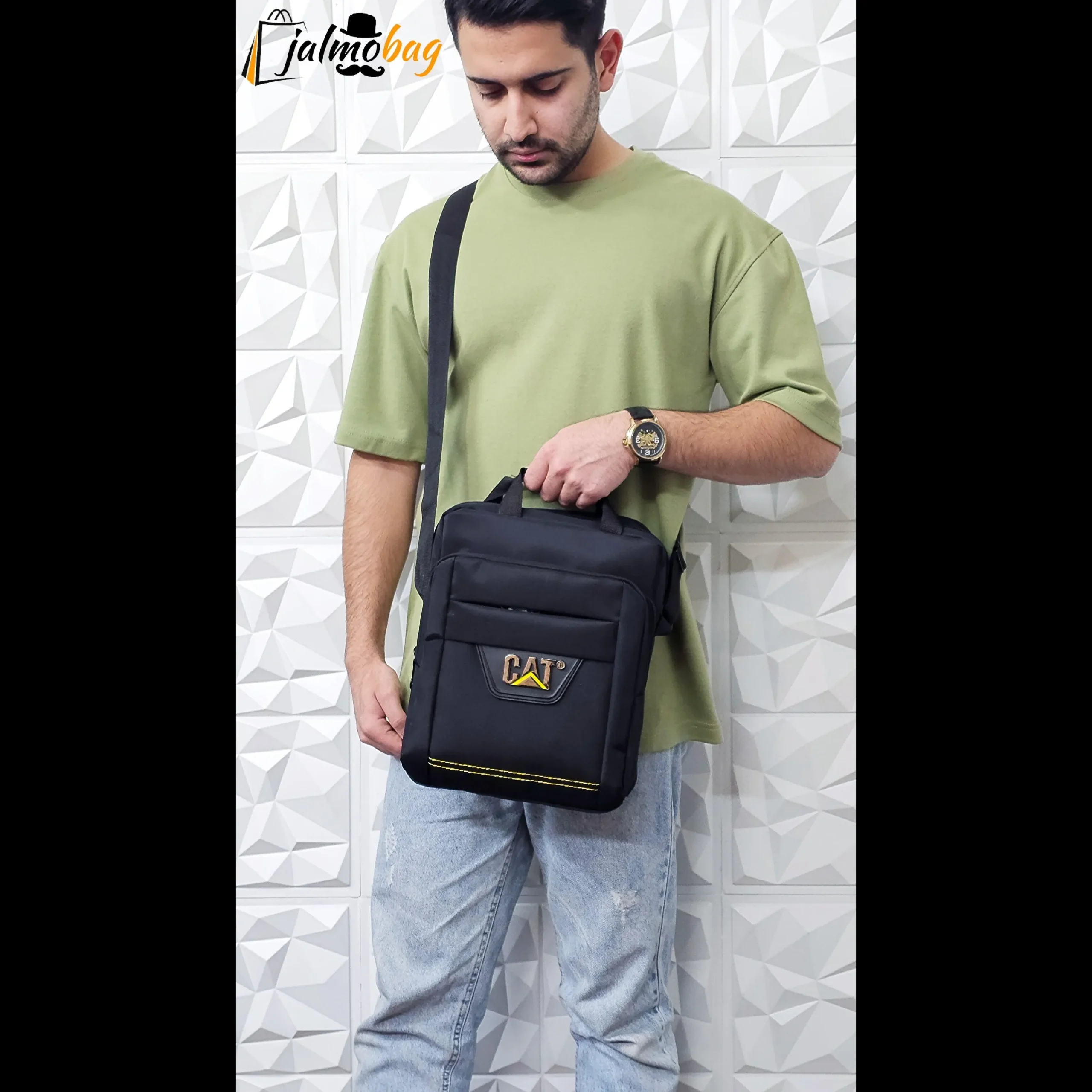 کیف دوشی و دستی مردانه برزنتی دیبا خارجی سه خانه مشکی سایز بزرگ - Image 3