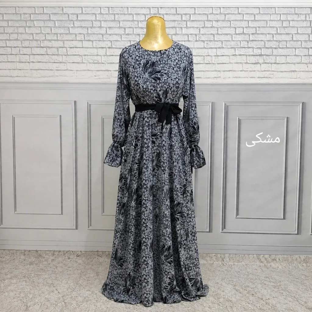 پیراهن بلند زنانه الیزه طرحدار فری سایز قواره آزاد کمربنددار - Image 6