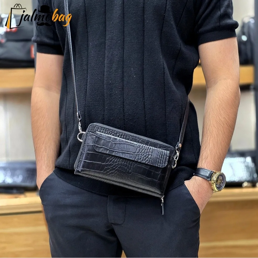 کیف دستی و دوشی چرم طبیعی ظفر دارای بند مچی و بند بلند قابل تنظیم - Image 3