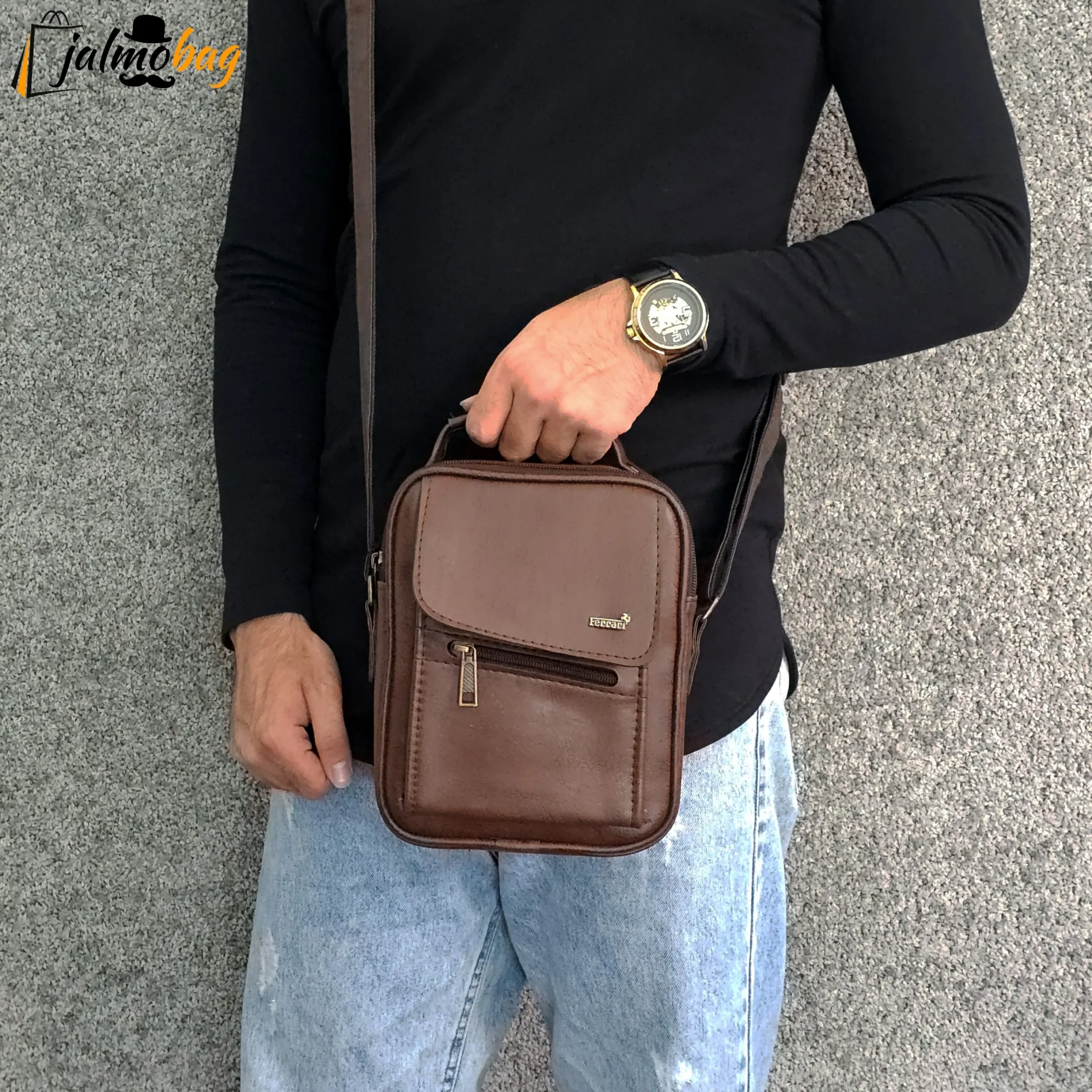 کیف دوشی چرمی اسپرت بزرگ چرم صنعتی مشکی خردلی قهوهای تیره - Image 3