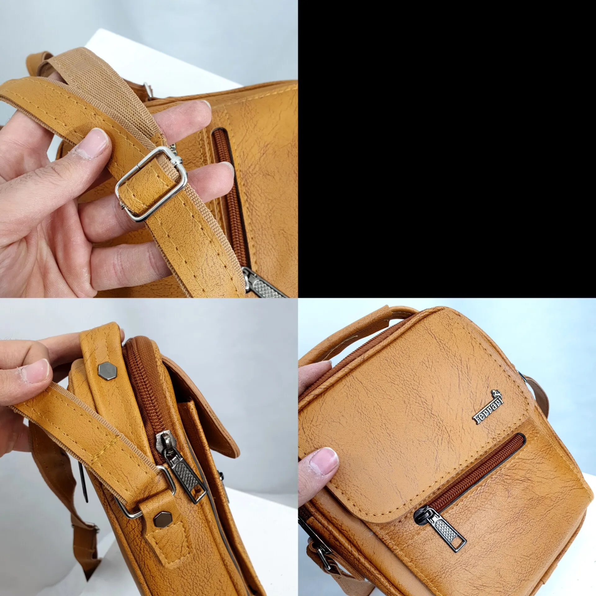 کیف دوشی چرمی اسپرت بزرگ چرم صنعتی مشکی خردلی قهوهای تیره - Image 4