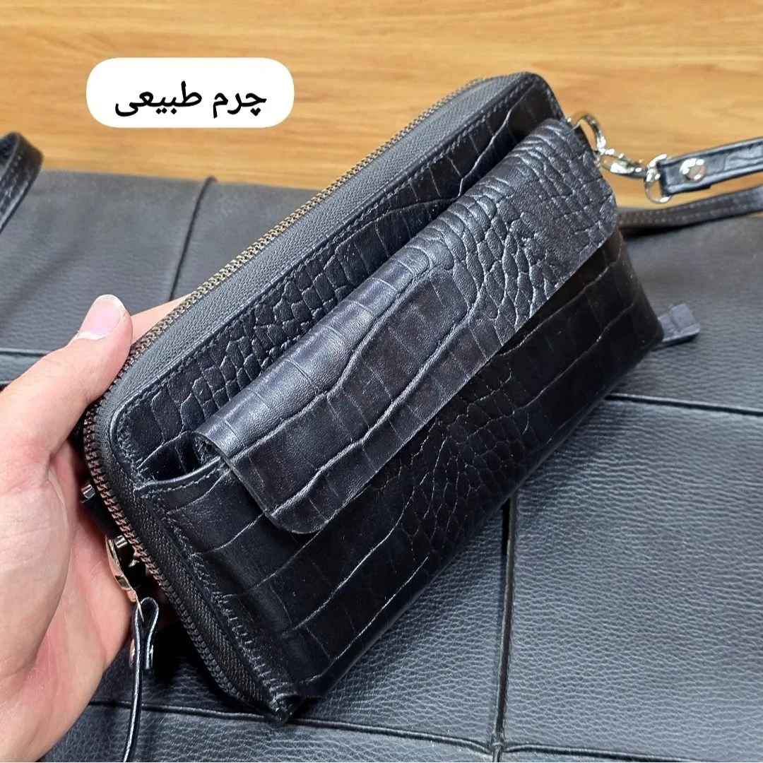 کیف دستی و دوشی چرم طبیعی ظفر دارای بند مچی و بند بلند قابل تنظیم - Image 6