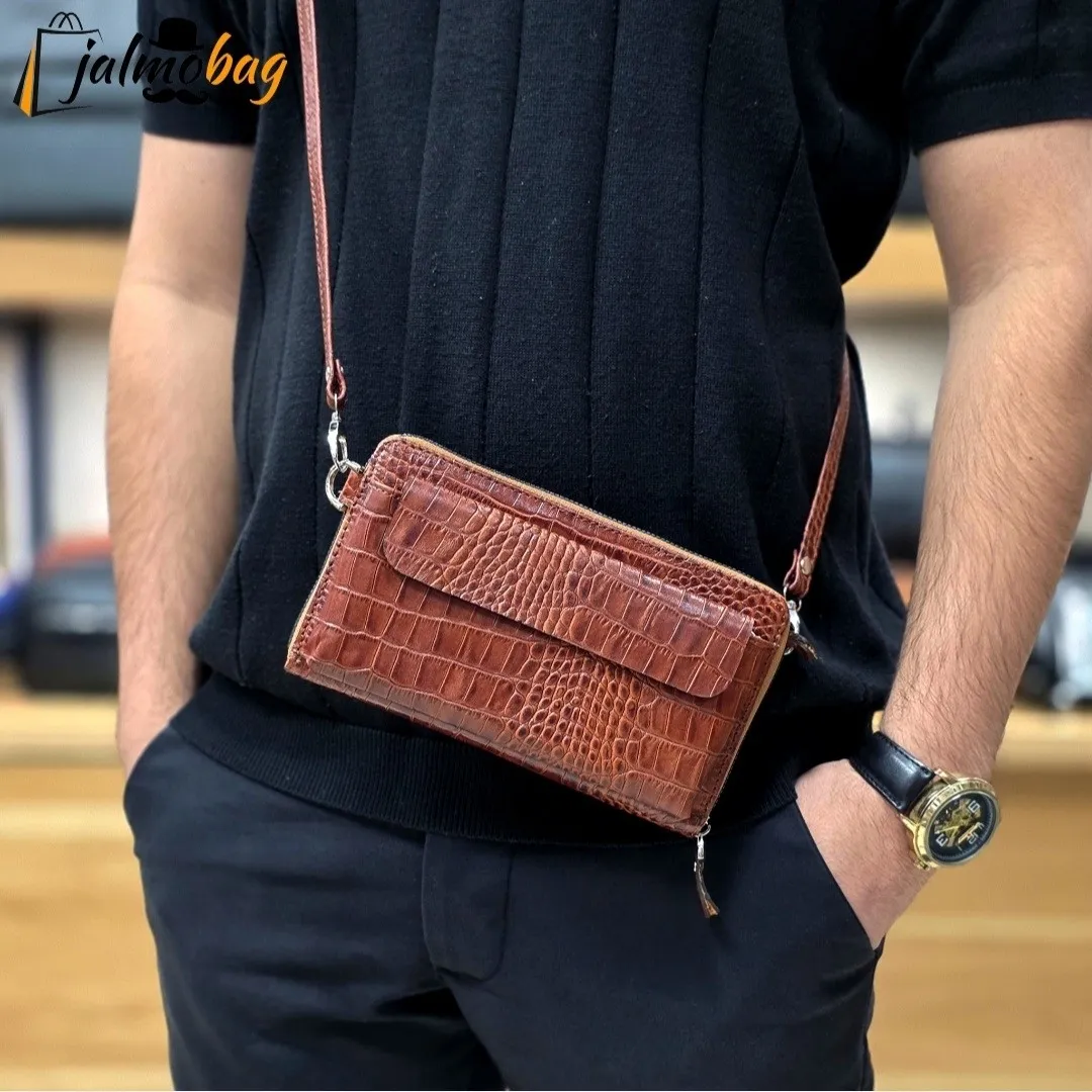 کیف دستی و دوشی چرم طبیعی ظفر دارای بند مچی و بند بلند قابل تنظیم - Image 16