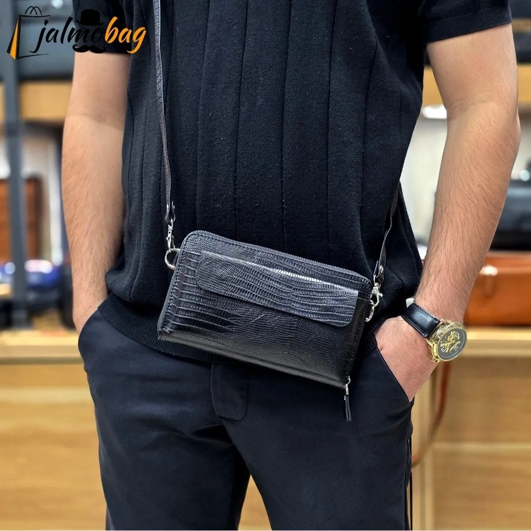 کیف دستی و دوشی چرم طبیعی ظفر دارای بند مچی و بند بلند قابل تنظیم - Image 7
