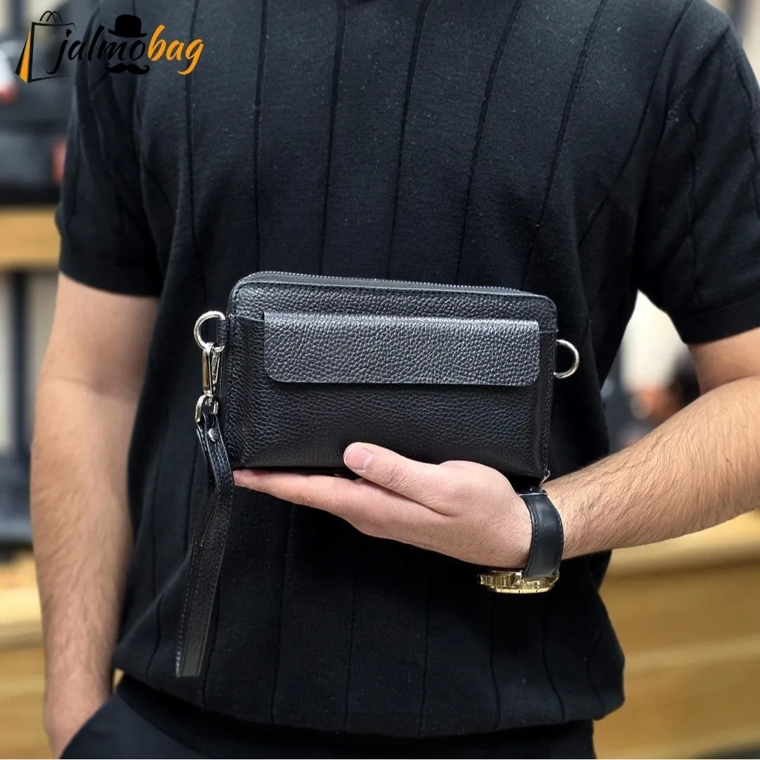 کیف دستی و دوشی چرم طبیعی ظفر دارای بند مچی و بند بلند قابل تنظیم - Image 14