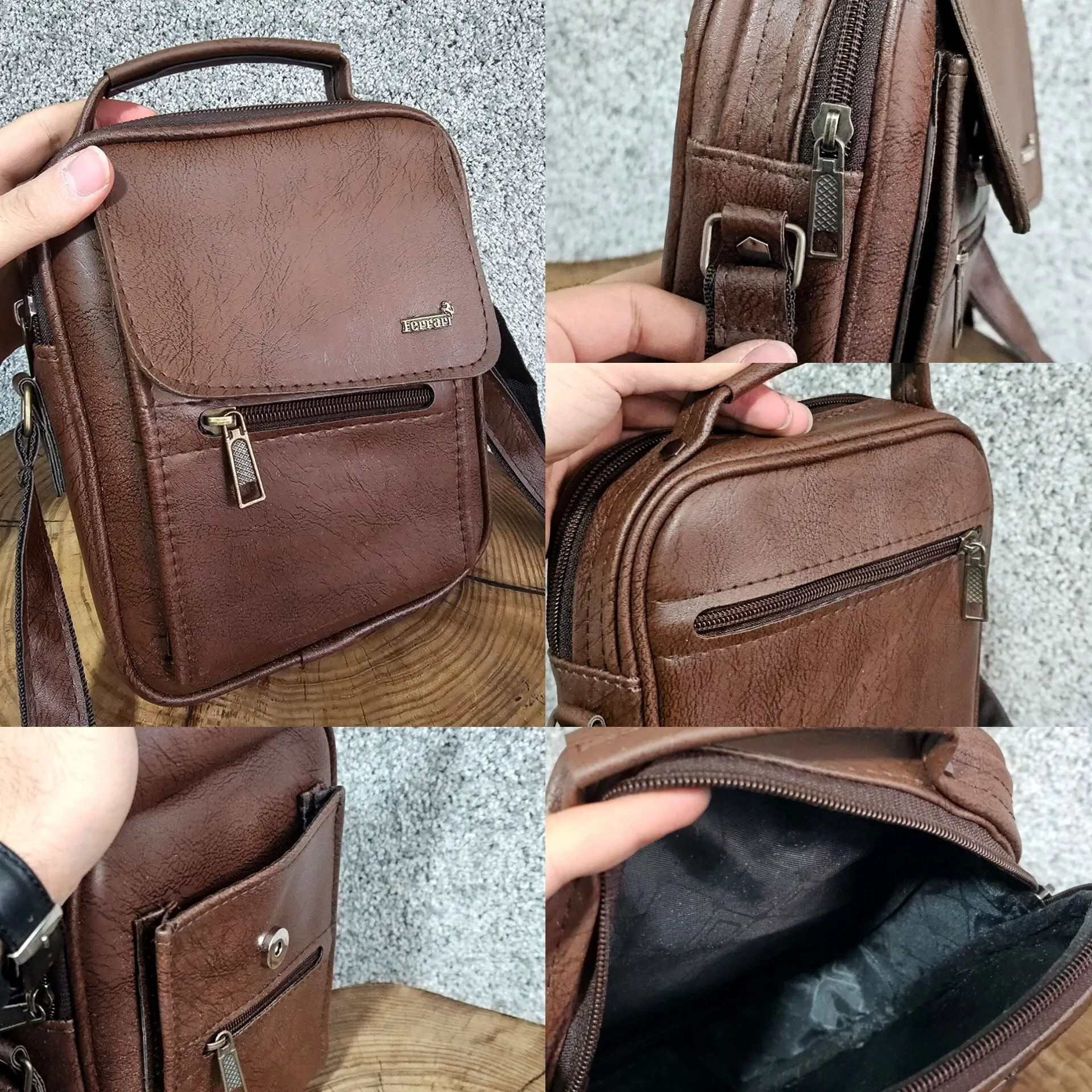 کیف دوشی چرمی اسپرت بزرگ چرم صنعتی مشکی خردلی قهوهای تیره - Image 6