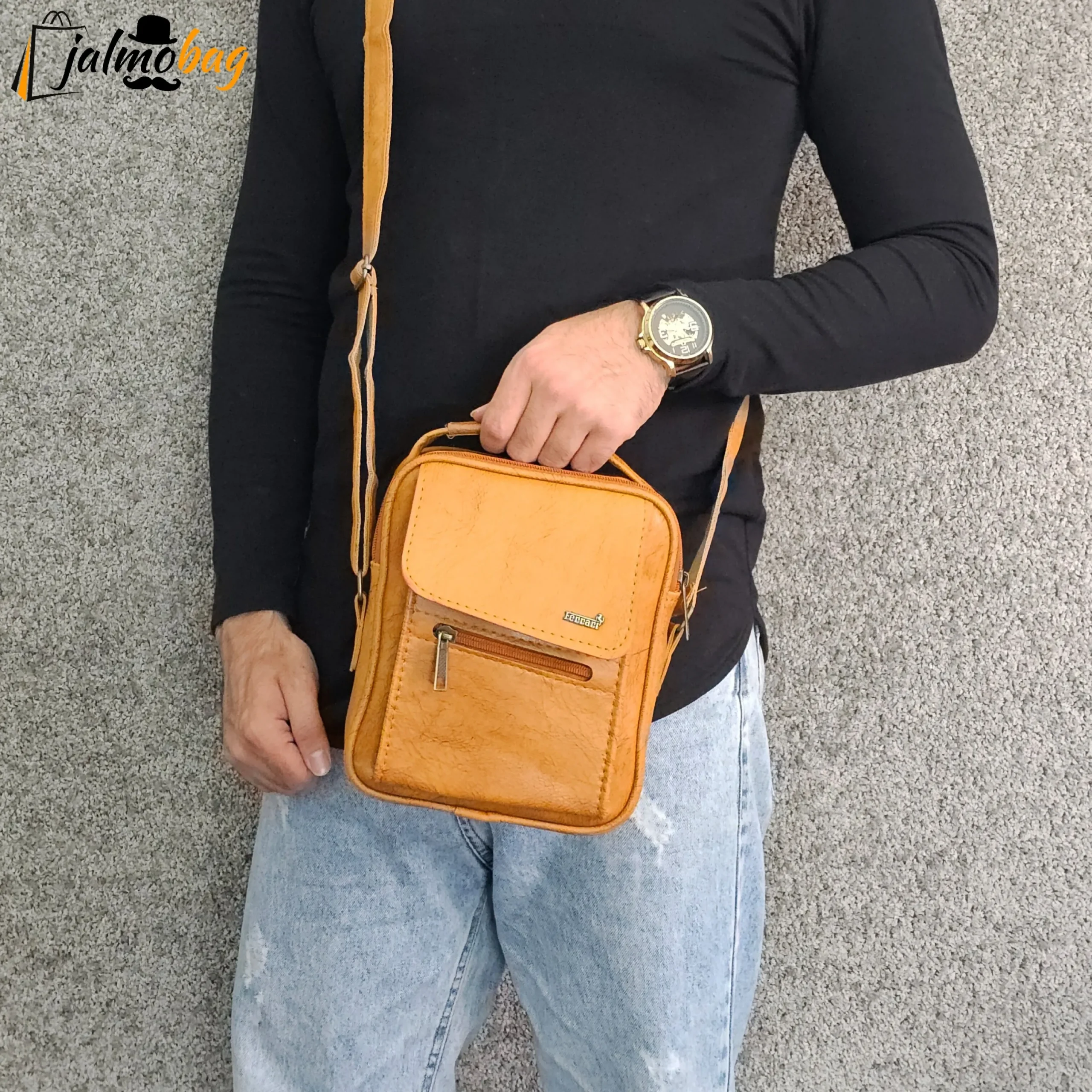 کیف دوشی چرمی اسپرت بزرگ چرم صنعتی مشکی خردلی قهوهای تیره - Image 2