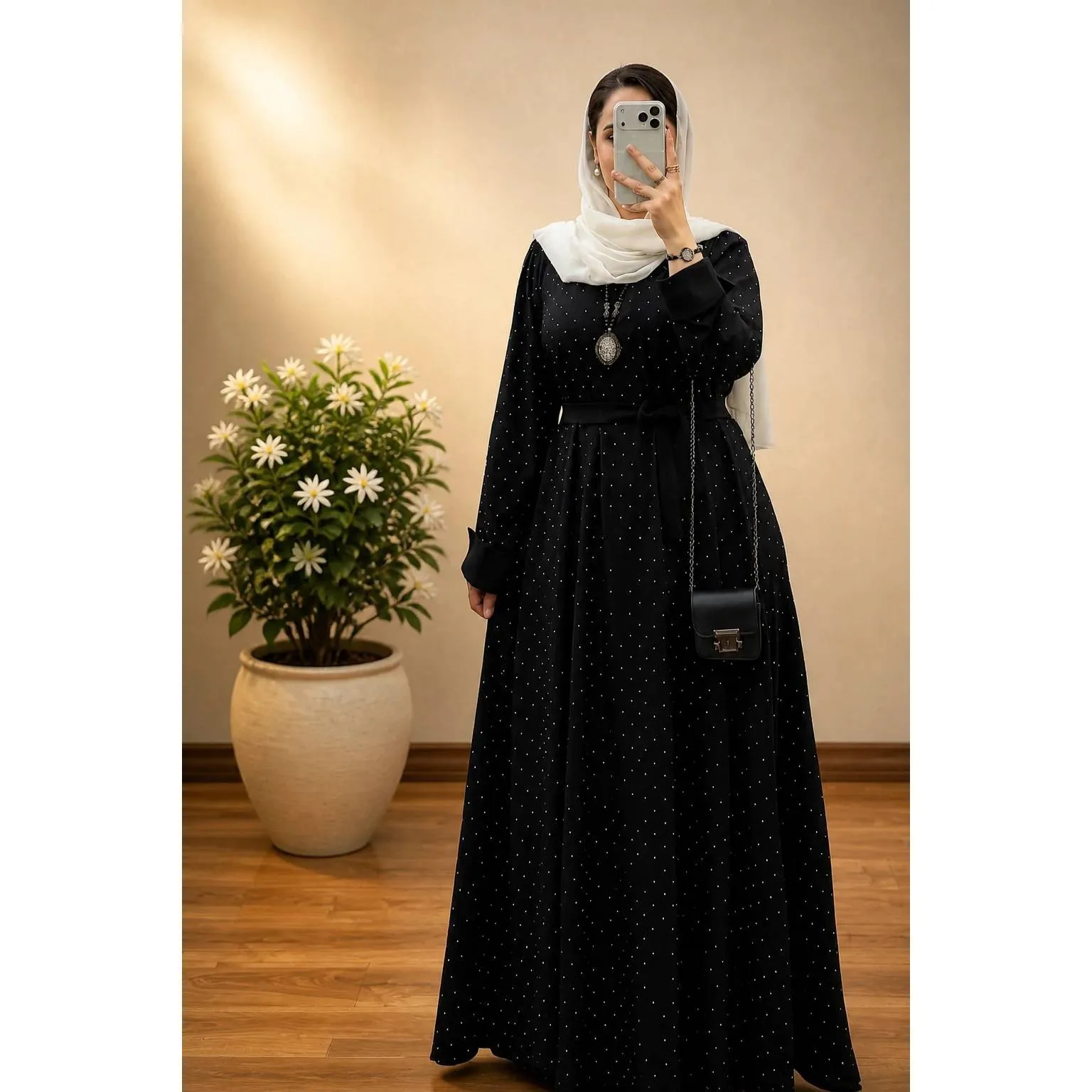کفتان بلند زنانه کرسپو نگین دار مشکی فری سایز مدل گیسو - Image 5