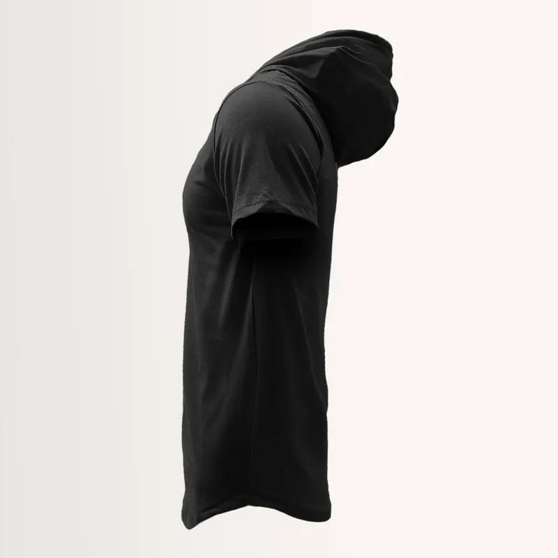تیشرت کلاه دار مردانه آستین کوتاه یقه گرد طرح ساده مشکی نخ - Image 4